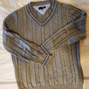 Simons v-neck cable knit varsity sweater